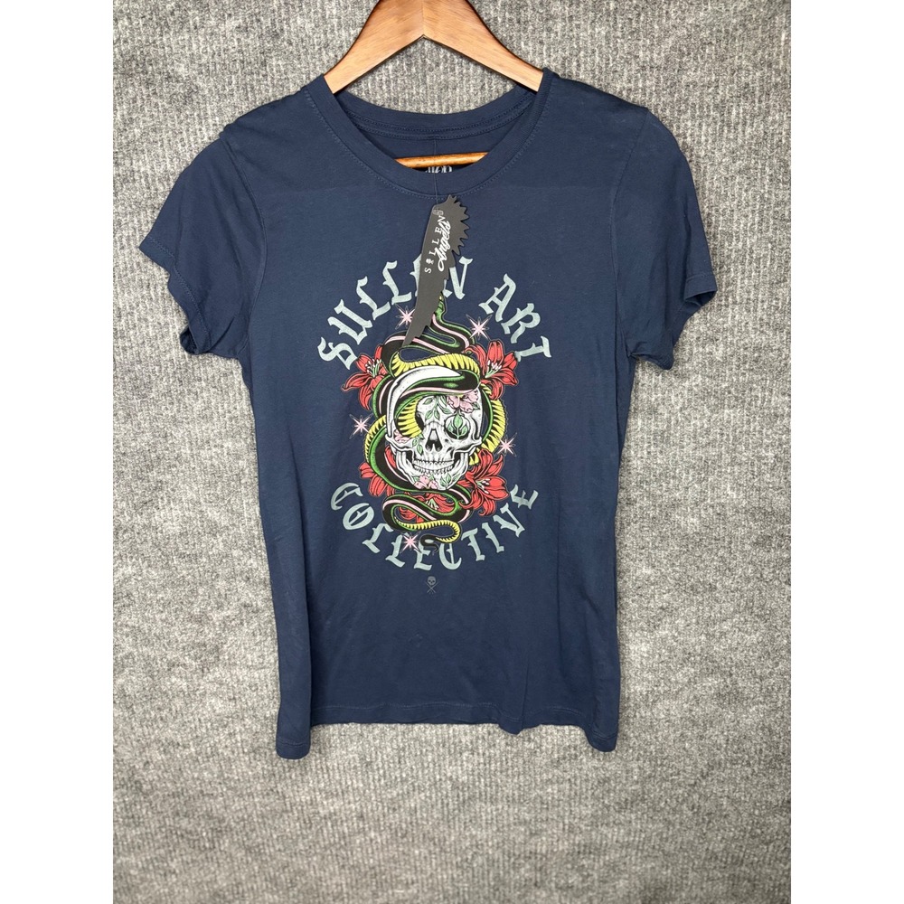 Y2K Sullen Art Collective Women Navy Blue Skull Snake Graphic T-Shirt Medium NWT